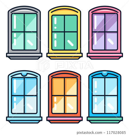 Collection colorful windows flat design style. Six different window frames various colors including blue, yellow, purple. Cartoonlike illustration house windows isolated white background Collection colorful windows flat design style. Six different window frames various colors including blue, yellow, purple. Cartoonlike illustration house windows isolated white background 117028085