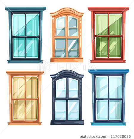 Collection colorful cartoonstyle windows, unique frame designs. Various architectural window styles, suitable different building facades. Artistic graphic elements construction real estate themes 117028086