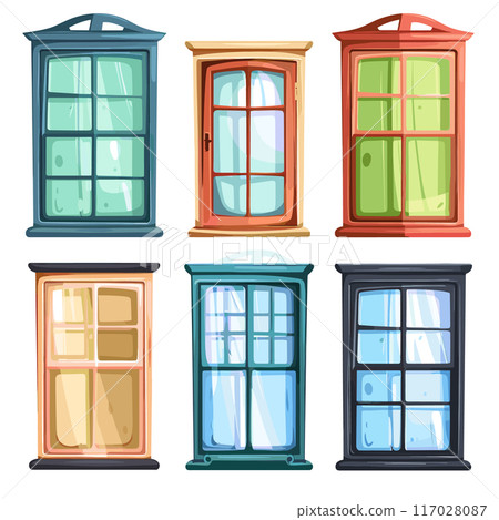 Six colorful cartoon windows different styles colors. Urban windows, residential building exterior elements. Detailed wooden window frames, clear glass, colorful facades Six colorful cartoon windows different styles colors. Urban windows, residential building exterior elements. Detailed wooden window frames, clear glass, colorful facades 117028087