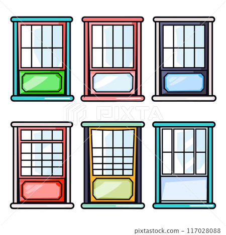 Six colorful cartoon windows arranged two rows three, window features distinct color frame, clear panes, sill. Cartoon home windows, array showcasing different color schemes, isolated white Six colorful cartoon windows arranged two rows three, window features distinct color frame, clear panes, sill. Cartoon home windows, array showcasing different color schemes, isolated white 117028088