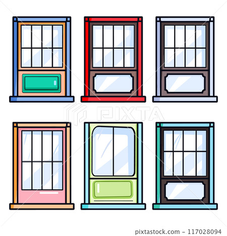 Six colorful cartoonstyle windows arranged two rows three, window features different color frame unique design details. Ideal architecture graphic childrens educational content Six colorful cartoonstyle windows arranged two rows three, window features different color frame unique design details. Ideal architecture graphic childrens educational content 117028094
