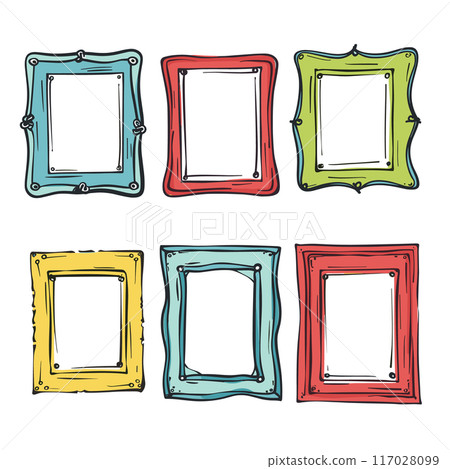 Set six colorful handdrawn picture frames. Doodle frames, various shapes, isolated white background. Cartoonstyle decorative elements gallery, memories, art Set six colorful handdrawn picture frames. Doodle frames, various shapes, isolated white background. Cartoonstyle decorative elements gallery, memories, art 117028099