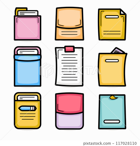 Collection colorful office folders documents cartoon illustrations. Various designs paperwork graphics perfect office stationery concepts. Cartoonstyle icons showcasing file organization document 117028110