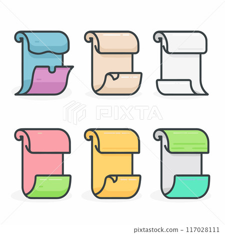 Six colorful scroll banners cartoon style. Flat design scrolls isolated white background, empty text space. Various colors including blue, pink, tan, yellow, green 117028111