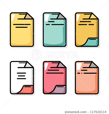 Six colorful document icons featuring flat design. Icons represent different file types statuses. Bold outlines soft shadows add depth Six colorful document icons featuring flat design. Icons represent different file types statuses. Bold outlines soft shadows add depth 117028114