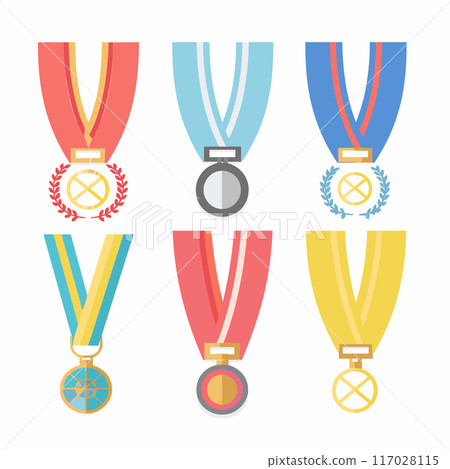 Set six colorful award medals vector illustration. Flat design sports competition achievement medals isolated white background. Ribbons medallions represent accomplishment, victory, honor 117028115