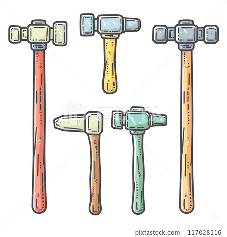 Collection cartoonstyle hammers, various colors handle designs, tools. Handdrawn illustration hammers, craftsmanship theme, toolset. Colorful hammers wooden handles, isolated Collection cartoonstyle hammers, various colors handle designs, tools. Handdrawn illustration hammers, craftsmanship theme, toolset. Colorful hammers wooden handles, isolated 117028116