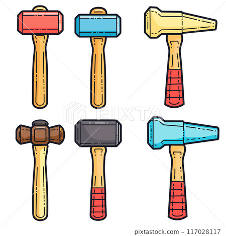 Collection various hammers, colorful cartoon style, tools construction, carpentry, repair. Six different types hammers, primary colors, hand tools, isolated white background, equipment DIY tasks Collection various hammers, colorful cartoon style, tools construction, carpentry, repair. Six different types hammers, primary colors, hand tools, isolated white background, equipment DIY tasks 117028117