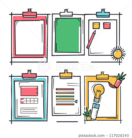 Colorful vector illustration various clipboards blank papers, design diagrams, creative elements. Different colored clipboards include elements postits, pencil, sun drawing, lightbulb idea. Line art Colorful vector illustration various clipboards blank papers, design diagrams, creative elements. Different colored clipboards include elements postits, pencil, sun drawing, lightbulb idea. Line art 117028143