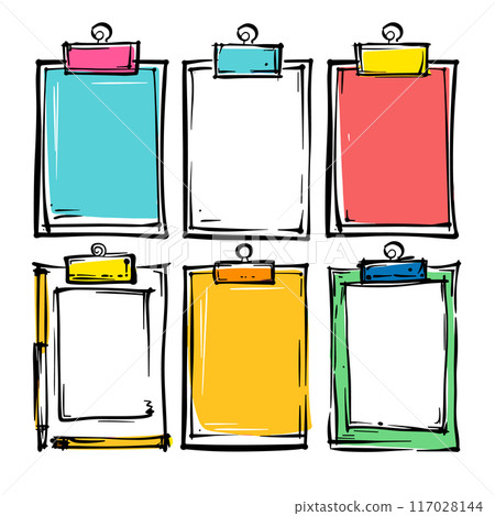 Collection handdrawn clipboards, colorful sketch style, office supplies isolated white background. Assorted clipboards, empty sheets, doodle design elements, stationary. Multicolored array Collection handdrawn clipboards, colorful sketch style, office supplies isolated white background. Assorted clipboards, empty sheets, doodle design elements, stationary. Multicolored array 117028144