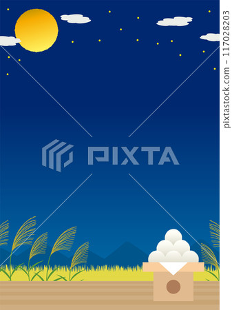 A background of a full moon, moon-viewing dumplings, and Japanese pampas grass in a vase, which is reminiscent of a moon-viewing festival_vertical_2 117028203