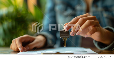 Close-up of a person holding a key above a clipboard with papers, symbolizing real estate, property ownership, or leasing agreements. 117028226