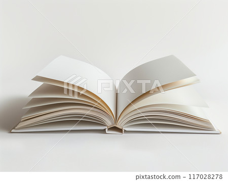 Open blank book with white pages spread out, isolated on a clean white background. Perfect for design and publication mockups. 117028278