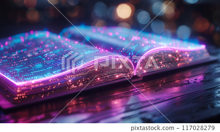 Open futuristic book with glowing digital text on wooden table, illuminated by neon lights, symbolizing technology and knowledge. 117028279