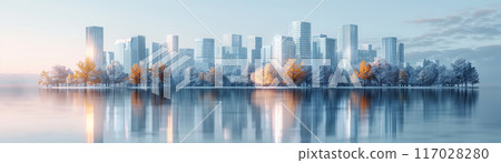 Panoramic cityscape of a modern urban skyline reflecting on calm water with autumn trees in the foreground during a serene morning. 117028280
