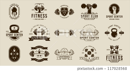 set of gym or fitness logo sport line vintage vector illustration template icon graphic design. bundle collection of various body building sign or symbol for training center concept typography set of gym or fitness logo sport line vintage vector illustration template icon graphic design. bundle collection of various body building sign or symbol for training center concept typography 117028568