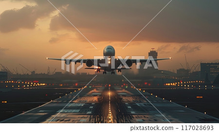 An airplane taking off from a runway at an airport during sunset, with cityscape An airplane taking off from a runway at an airport during sunset, with cityscape 117028693