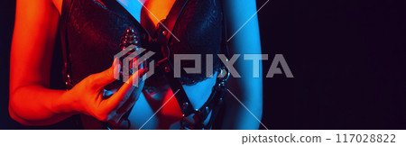 sexy woman holds a metal butt anal plug in female hand. Anal sex with sex toys. Wide banner sexy woman holds a metal butt anal plug in female hand. Anal sex with sex toys. Wide banner 117028822