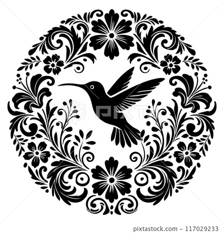 Elegant Black and White Floral Bird Silhouette Illustration features intricate floral motifs, perfect for invitations, wall art, and digital projects. 117029233