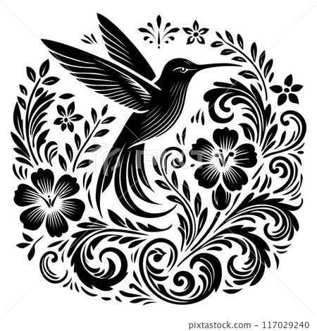 Elegant Black and White Floral Bird Silhouette Illustration features intricate floral motifs, perfect for invitations, wall art, and digital projects. Elegant Black and White Floral Bird Silhouette Illustration features intricate floral motifs, perfect for invitations, wall art, and digital projects. 117029240