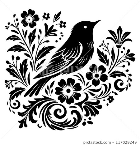Elegant Black and White Floral Bird Silhouette Illustration features intricate floral motifs, perfect for invitations, wall art, and digital projects. Elegant Black and White Floral Bird Silhouette Illustration features intricate floral motifs, perfect for invitations, wall art, and digital projects. 117029249