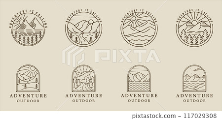 set of mountain and lake logo line art vector simple minimalist illustration template icon graphic design. bundle collection of various adventure and outdoors sign or symbol for travel business 117029308