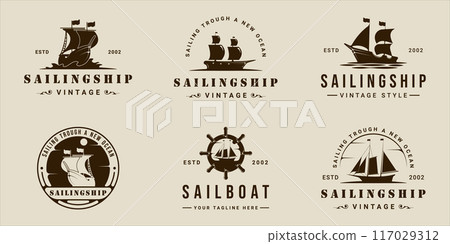set of sailboat or sailing ship logo vintage vector illustration template icon graphic design. bundle collection of various retro marine boat sign or symbol for travel business 117029312