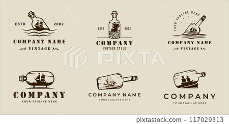 set of sailing ship inside bottle logo vintage vector illustration template icon graphic design. bundle collection of various retro sailboat miniature sign or symbol for business or print t-shirt set of sailing ship inside bottle logo vintage vector illustration template icon graphic design. bundle collection of various retro sailboat miniature sign or symbol for business or print t-shirt 117029313