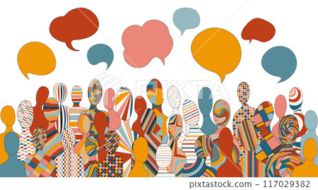 Communication across diverse cultures -  Multicultural dialogue represented by abstract geometric silhouette and speech bubbles of multiethnic individuals. Diversity equality inclusion 117029382