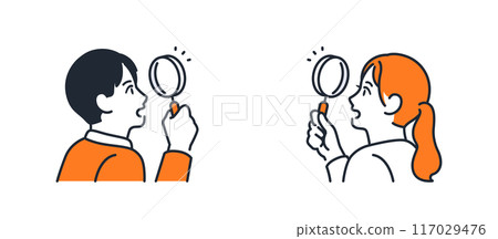 透過放大鏡看的青年男女插畫集素材 透過放大鏡看的青年男女插畫集素材 117029476