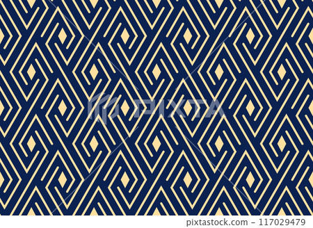 Abstract geometric pattern. A seamless vector background. Golden and dark blue ornament. Graphic modern pattern. Simple lattice graphic design Abstract geometric pattern. A seamless vector background. Golden and dark blue ornament. Graphic modern pattern. Simple lattice graphic design 117029479