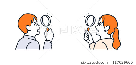 年輕男女上班族透過放大鏡的插圖集素材 117029660