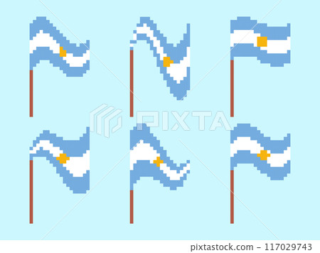 Pixel Argentina flag icon set isolated on white background. Waving Argentina flag in pixel art style. 8-bit retro graphics from the 80s. Design for banner, poster and covers. Vector illustration 117029743