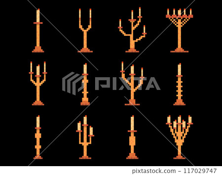 Candlesticks icon set in pixel art style. Candles in 8-bit pixel style. Candlesticks for candles on black background. Icon design for banners, posters and promotional products. Vector illustration 117029747