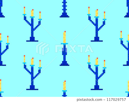 Seamless pattern of pixel candlesticks. Candlestick with candles in 8-bit style. Candlestick with burning candles. Design for wallpapers, wrappers, covers and banners. Vector illustration 117029757
