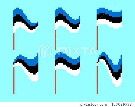Pixel Estonian flag icon set isolated on white background. Waving Estonian flag in 8-bit retro graphics style from the 80s. Design in pixel art style for banners and posters. Vector illustration Pixel Estonian flag icon set isolated on white background. Waving Estonian flag in 8-bit retro graphics style from the 80s. Design in pixel art style for banners and posters. Vector illustration 117029758