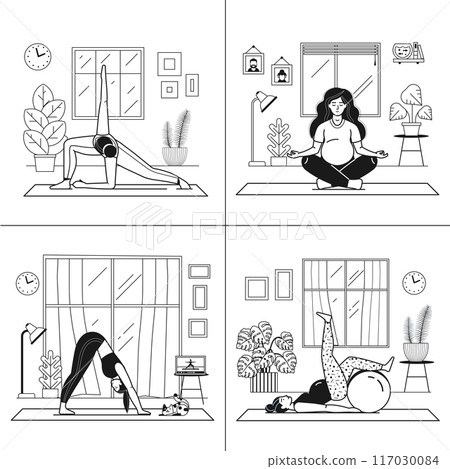 Young Woman Doing Home Workout and Yoga ad Room Young Woman Doing Home Workout and Yoga ad Room 117030084