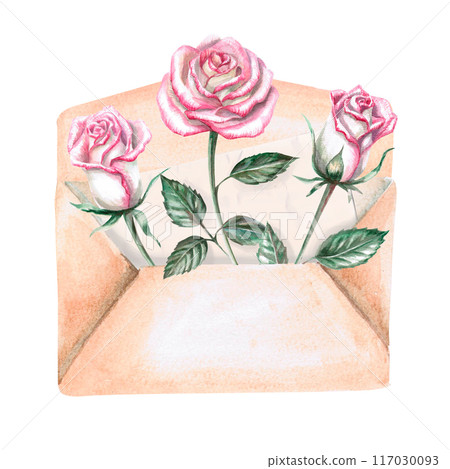 Three roses in a vintage envelope in watercolor. Illustration for greeting cards, congratulations, weddings, memorable dates. Illustration isolated from background. 117030093