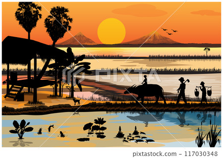 silhouette farmer go to paddy field vector design 117030348