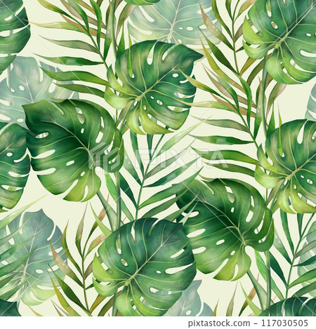 Seamless pattern with green monstera and palm leaves. Tropical botanical background. Suitable for making wallpaper, wrapping paper, fabric 117030505