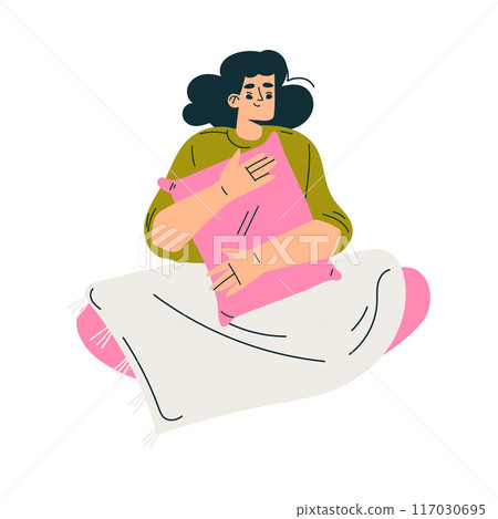Meditation with Woman Character with Pillow Sitting in Lotus Pose Vector Illustration 117030695
