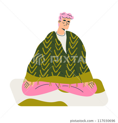 Meditation with Man Character Sitting on Mat in Lotus Pose Vector Illustration 117030696