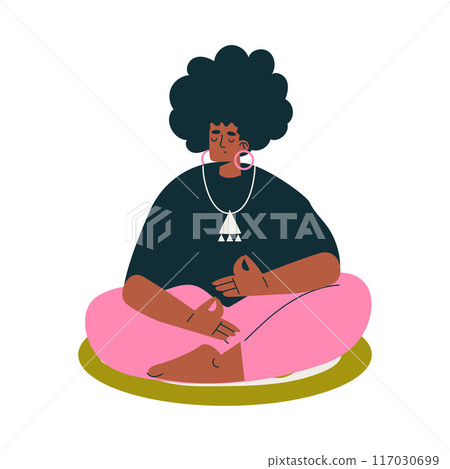 Meditation with African American Woman Character Sitting in Lotus Pose Vector Illustration 117030699