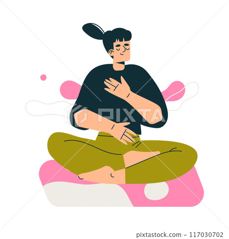 Meditation with Woman Character on Mat Sitting in Lotus Pose Vector Illustration 117030702