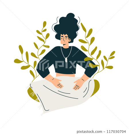 Meditation with Woman Character Sitting in Lotus Pose Vector Illustration Meditation with Woman Character Sitting in Lotus Pose Vector Illustration 117030704