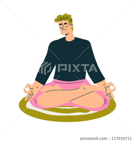 Meditation with Man Character on Mat Sitting in Lotus Pose Vector Illustration 117030711