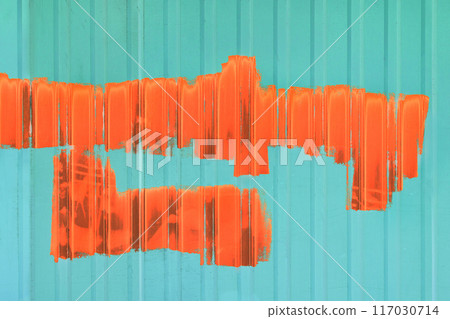 Orange paint brush strokes abstract wall design blank space for text empty aqua-blue background pattern metal fence Orange paint brush strokes abstract wall design blank space for text empty aqua-blue background pattern metal fence 117030714