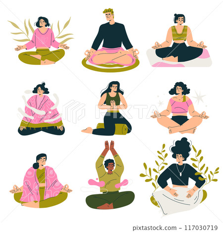 Meditation with People Character Sitting in Lotus Pose Vector Set 117030719