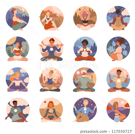 Meditating People Character Sitting in Lotus Pose Vector Set Meditating People Character Sitting in Lotus Pose Vector Set 117030727