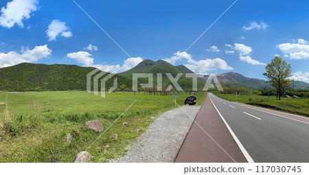 新鮮的綠色 Chojabaru Tadewara 沼澤和 Kuju 山脈 新鮮的綠色 Chojabaru Tadewara 沼澤和 Kuju 山脈 117030745